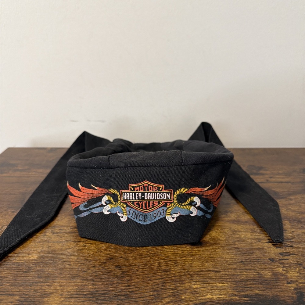 VTG 1996 Harley Davidson Motorcycle Skull Cap/Bandana/Do-Rag ~ Black Cotton